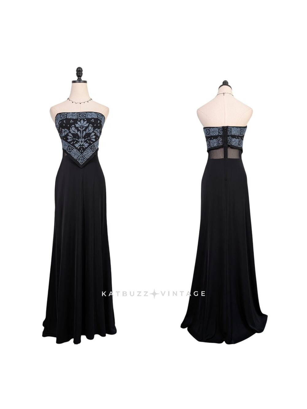 Vintage Tadashi Prom Dress Maxi Gown M Black 90s Strapless Grunge Boho Glam Y2K